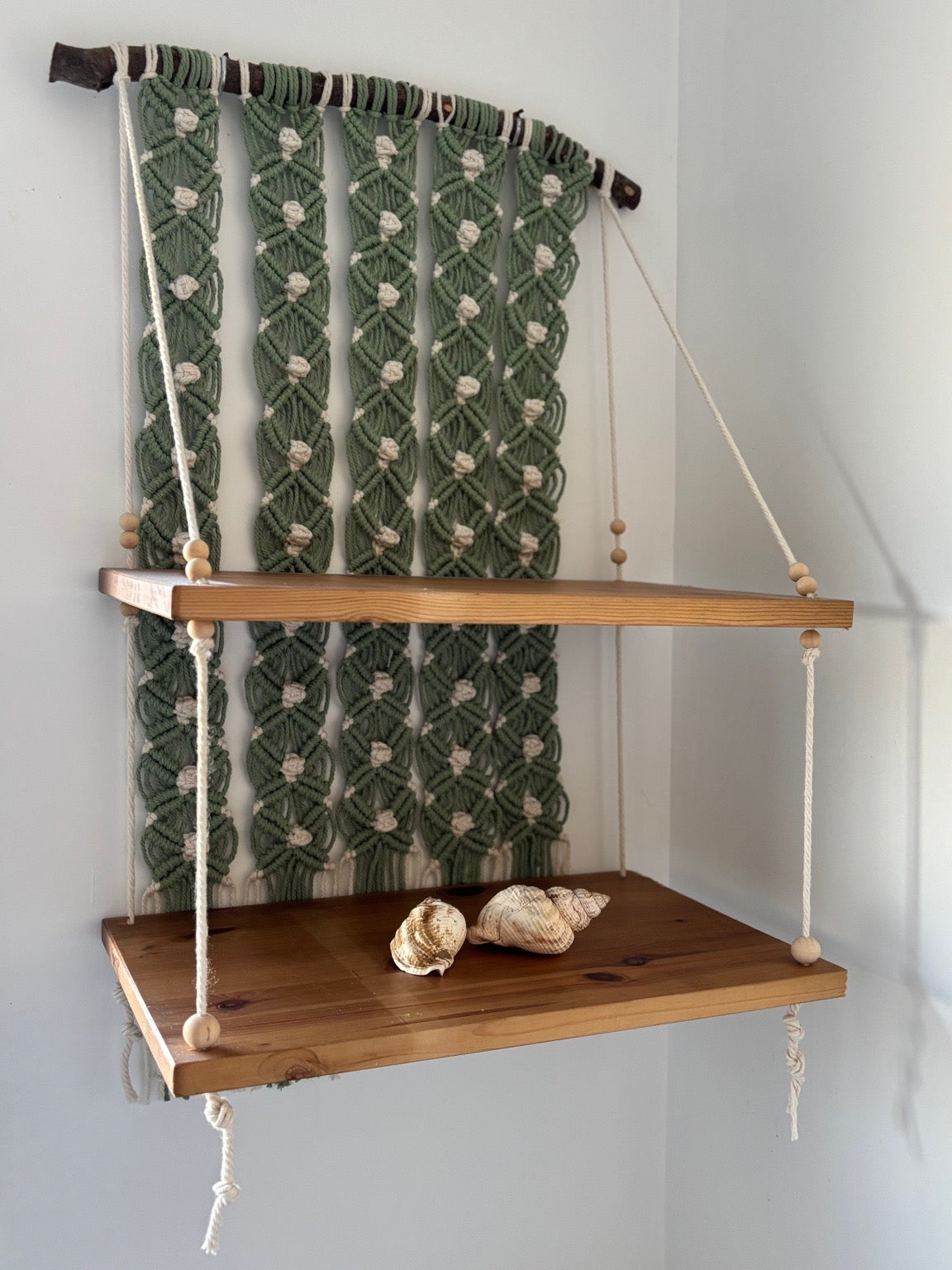 Handmade Macrame Hanging Shelf - Boho Wall Decor with Wooden Shelves