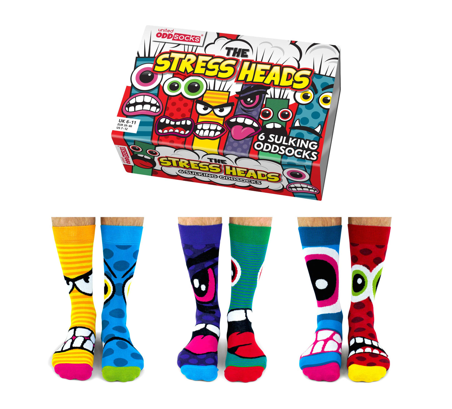 Sock Academy - THE STRESS HEADS | 6 Odd Socks Gift Box - United Oddsocks