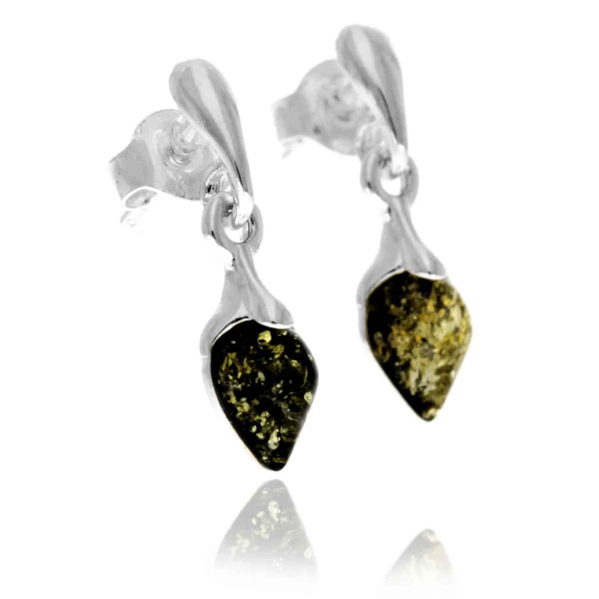 Sterling Silver Baltic Amber Drop Earrings – Teardrop Dangle Studs (Cognac, Green or Cherry)