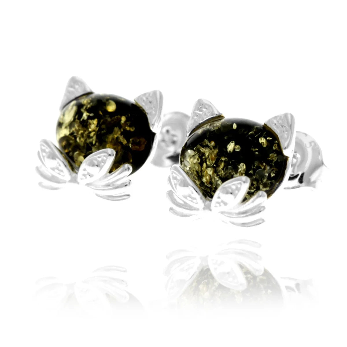 Sterling Silver Cat Amber Stud Earrings – Cute Baltic Amber Kitty Earrings (Cognac, Green or Yellow)