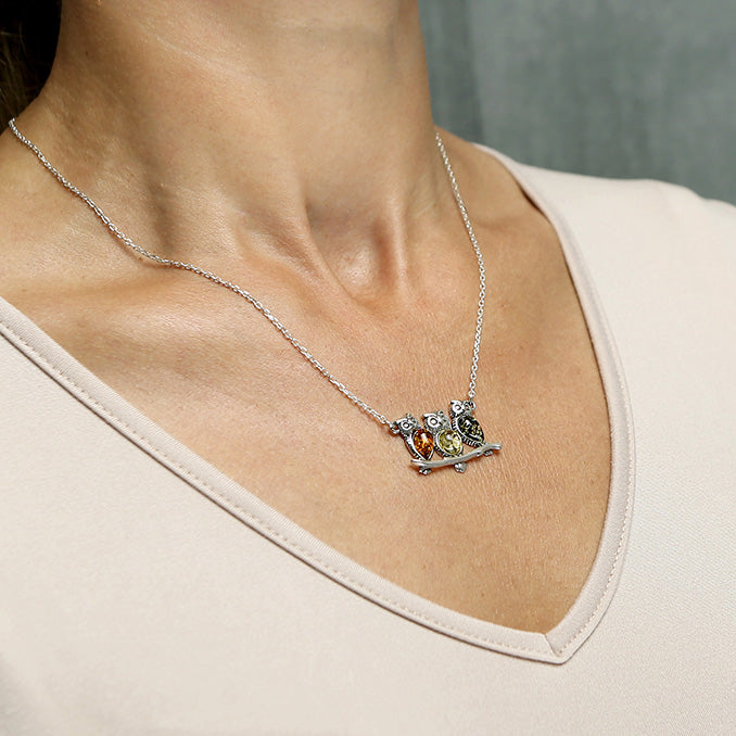 Sterling Silver Owl Necklace – 925 Trio of Owls with Mixed Baltic Amber (41–46cm)