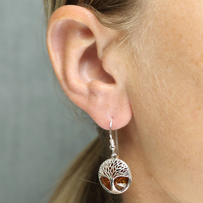 Sterling Silver Amber Tree of Life Drop Earrings – Handmade Cognac Amber Jewellery