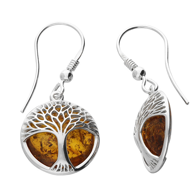 Sterling Silver Amber Tree of Life Drop Earrings – Handmade Cognac Amber Jewellery