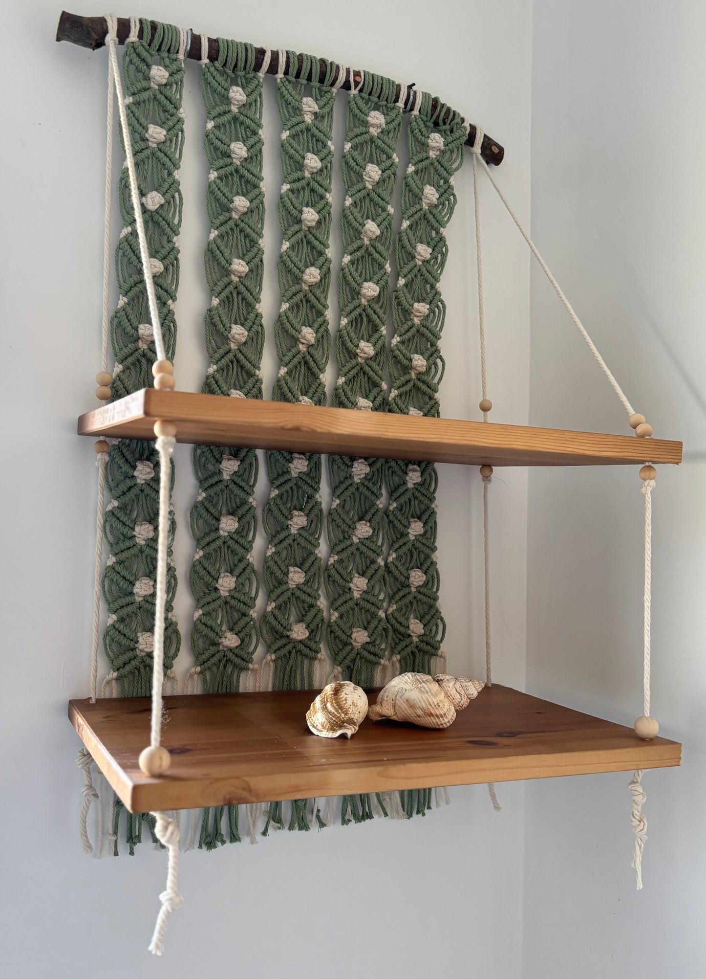 Handmade Macrame Hanging Shelf - Boho Wall Decor with Wooden Shelves