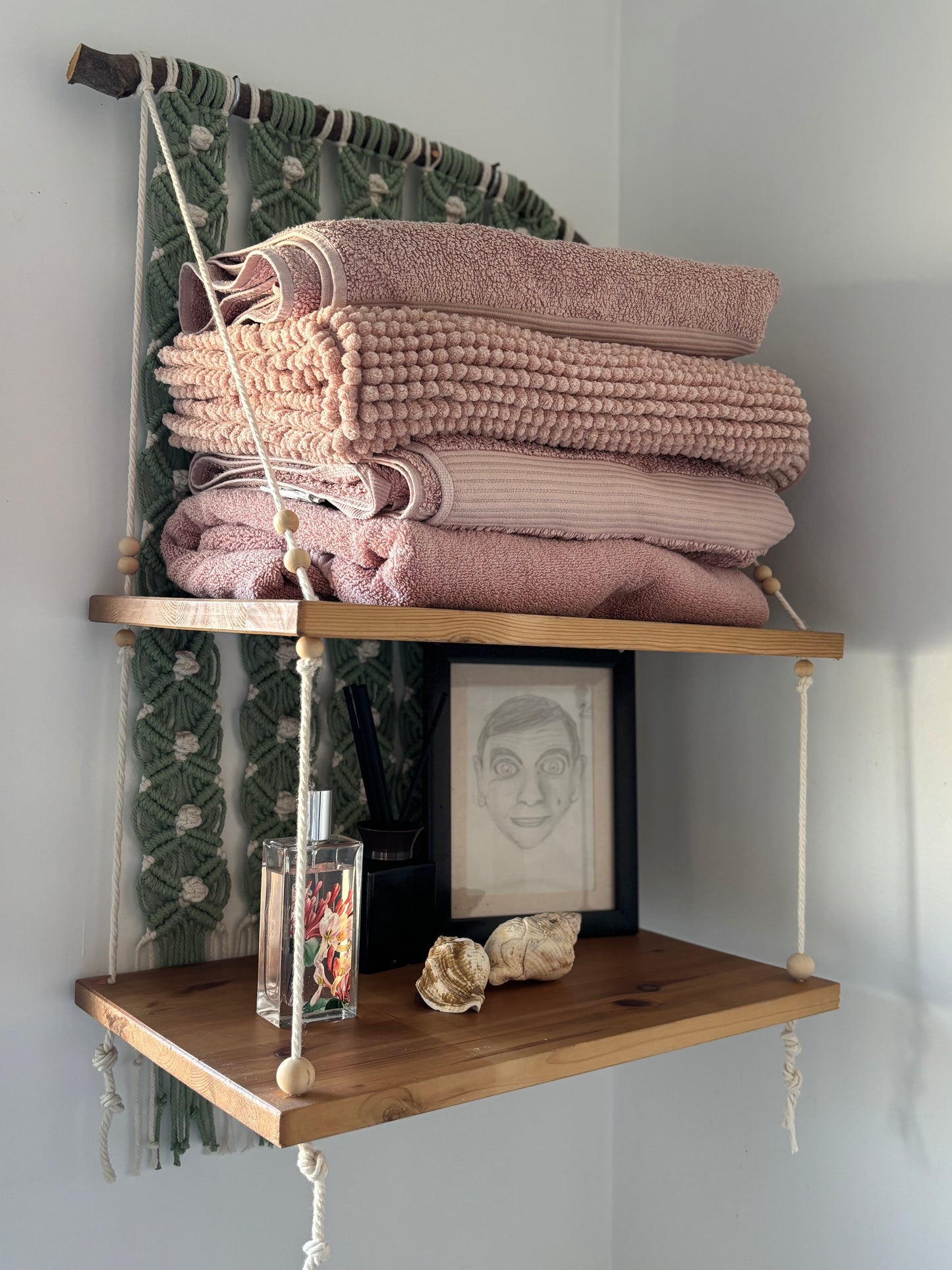Handmade Macrame Hanging Shelf - Boho Wall Decor with Wooden Shelves
