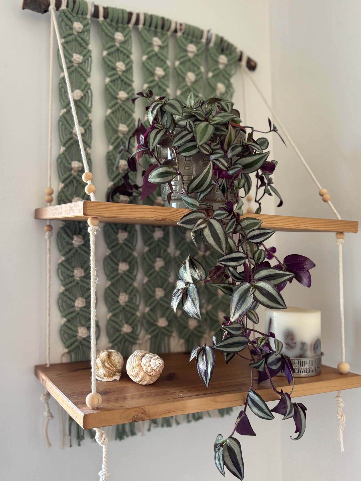 Handmade Macrame Hanging Shelf - Boho Wall Decor with Wooden Shelves