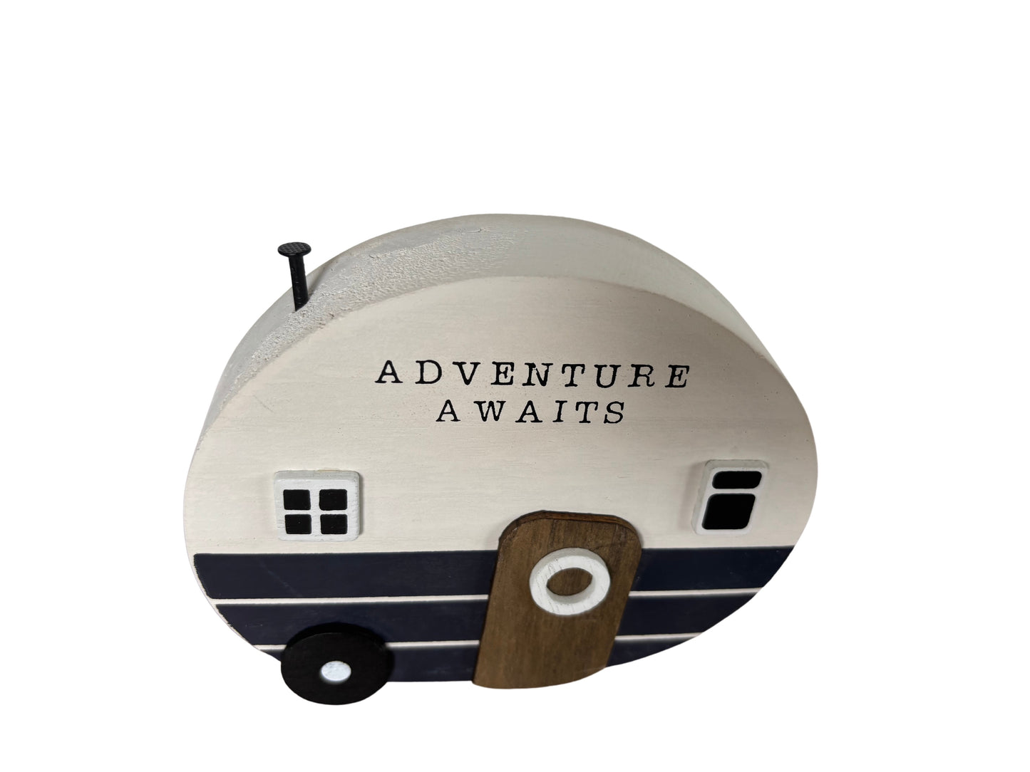 Rustic Wooden Caravan Ornament – “Adventure Awaits” – Portland Living Travel Decor, 12cm