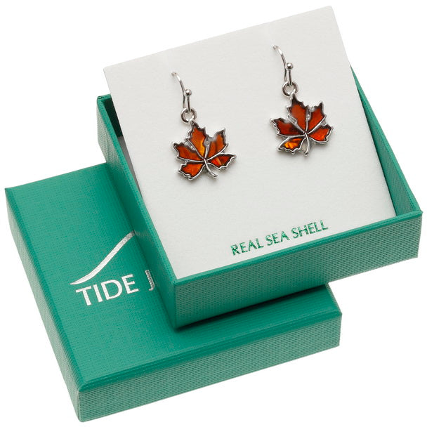 Summer Autumn Leaf Earrings – Paua Shell Hook Earrings by Tide Jewellery
