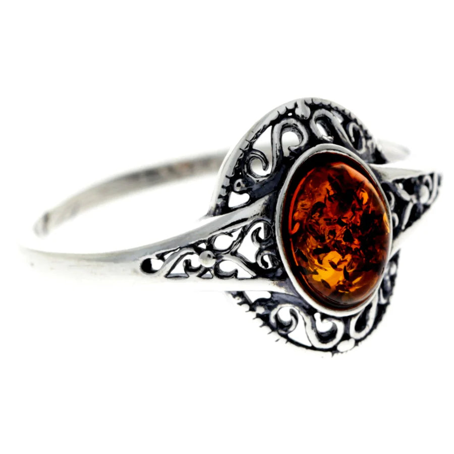 925 Sterling Silver Baltic Amber Celtic Ring – Handmade Cognac Gemstone