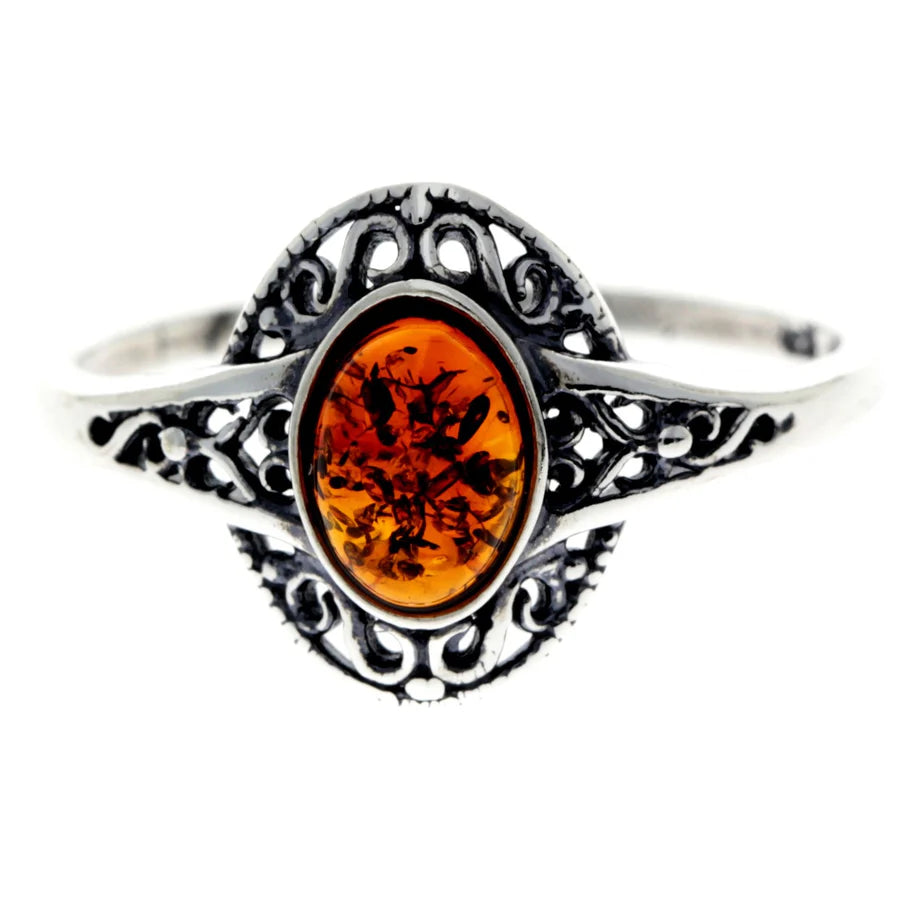 925 Sterling Silver Baltic Amber Celtic Ring – Handmade Cognac Gemstone