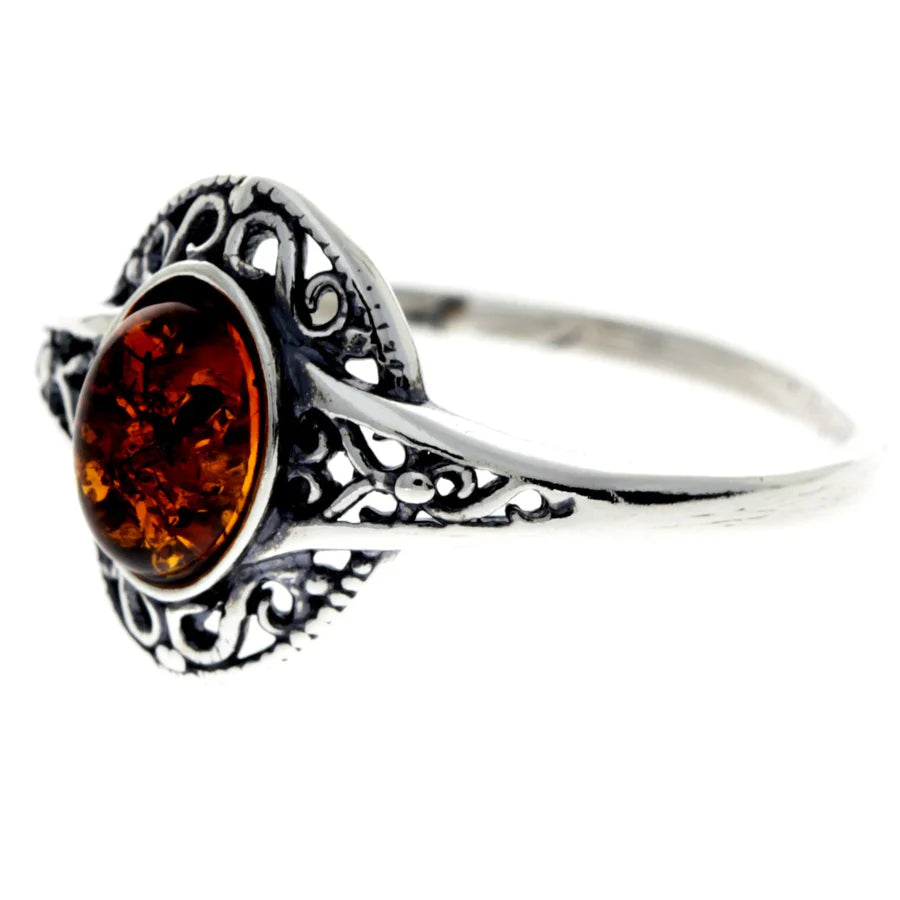 925 Sterling Silver Baltic Amber Celtic Ring – Handmade Cognac Gemstone