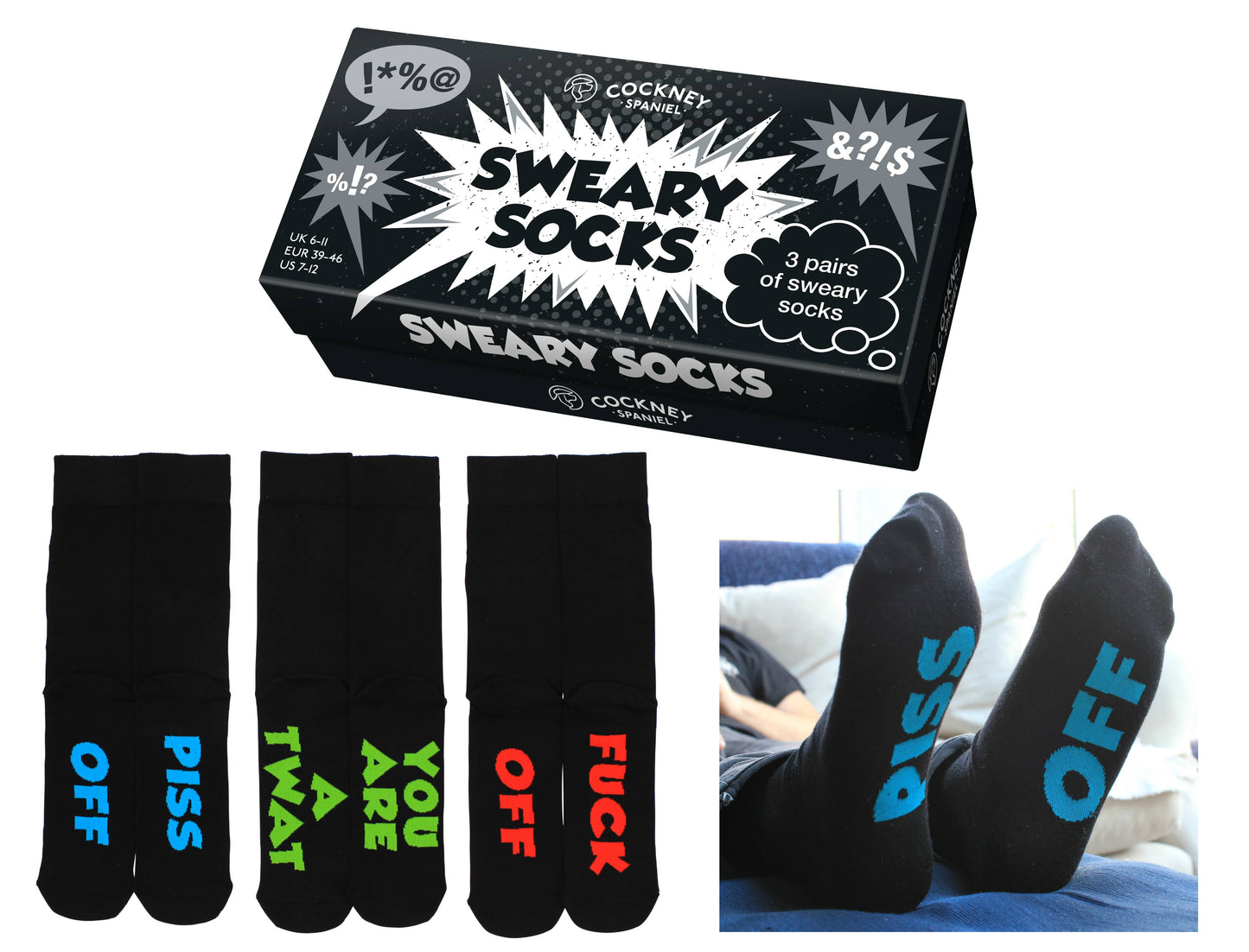 Sock Academy - SWEARY SOCKS - 3 Matching Pairs of Socks |Cockney Spaniel