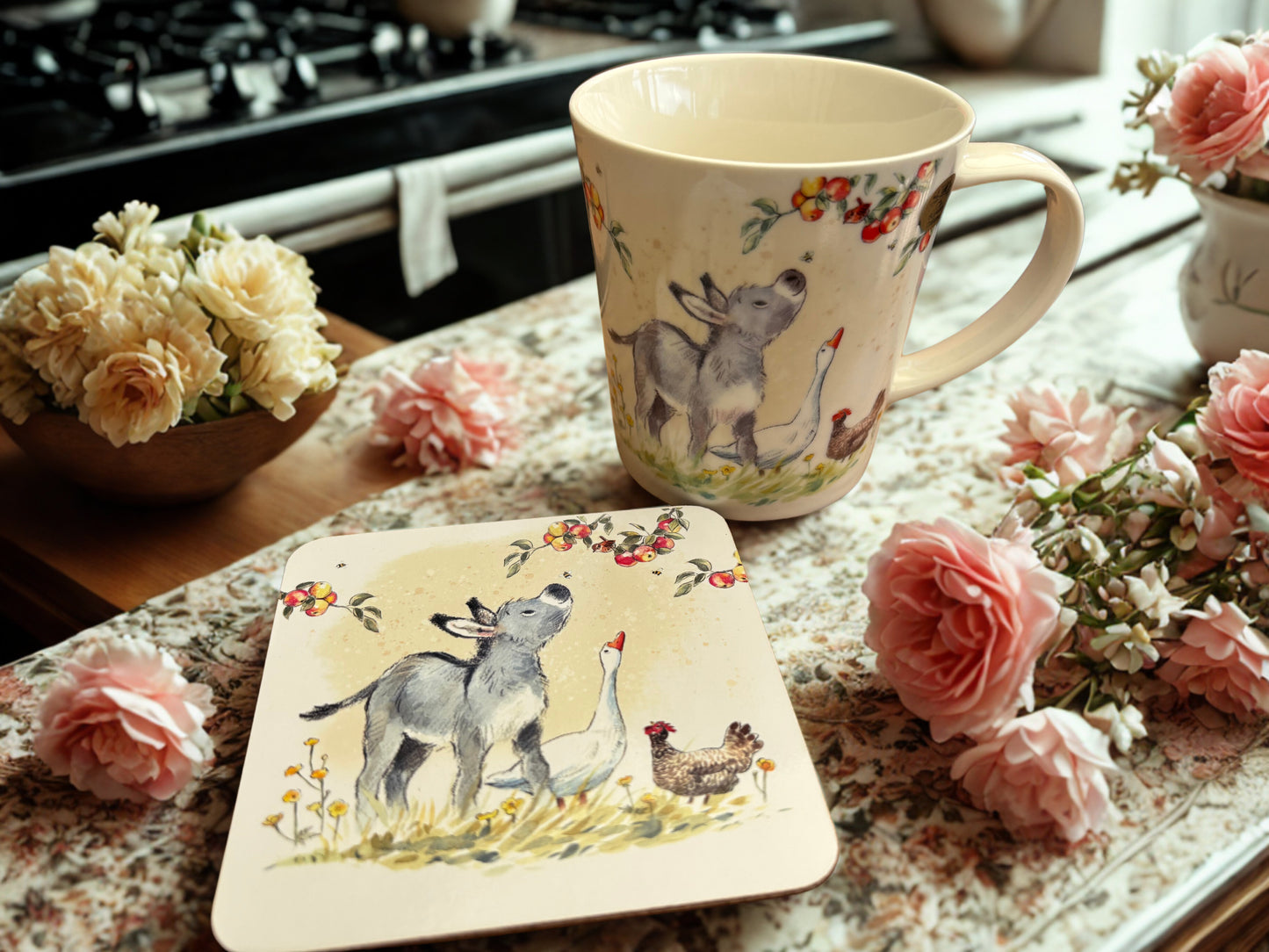 Donkey Goose & Hen Mug / Coaster Set – Fine China Gift Set by Paper Shed Design, Leonardo Collection