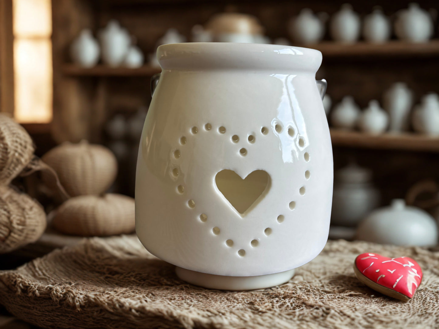 Dotted Heart White Ceramic Lantern – Decorative Tea Light Holder with Handle, 8cm