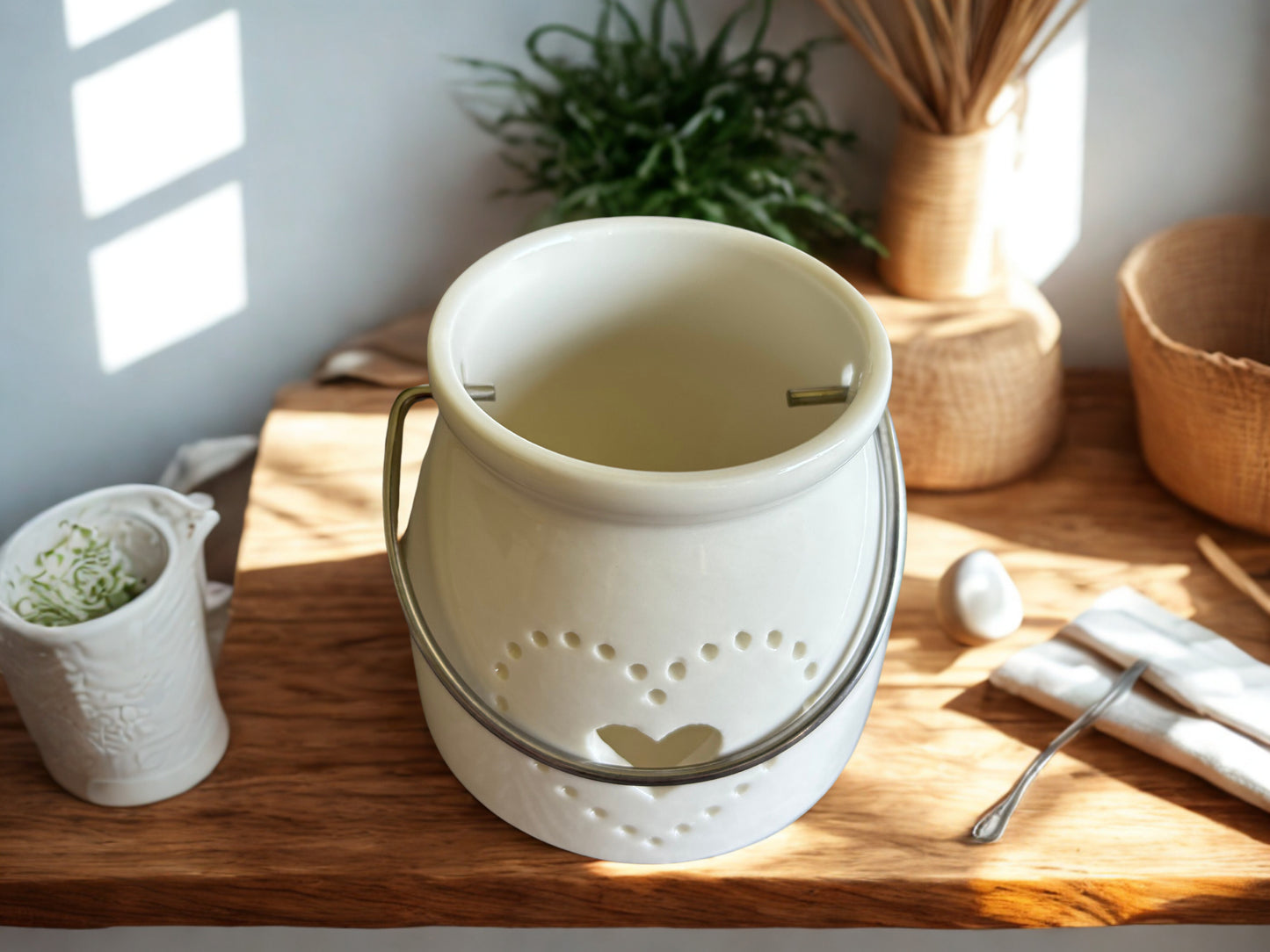 Dotted Heart White Ceramic Lantern – Decorative Tea Light Holder with Handle, 8cm
