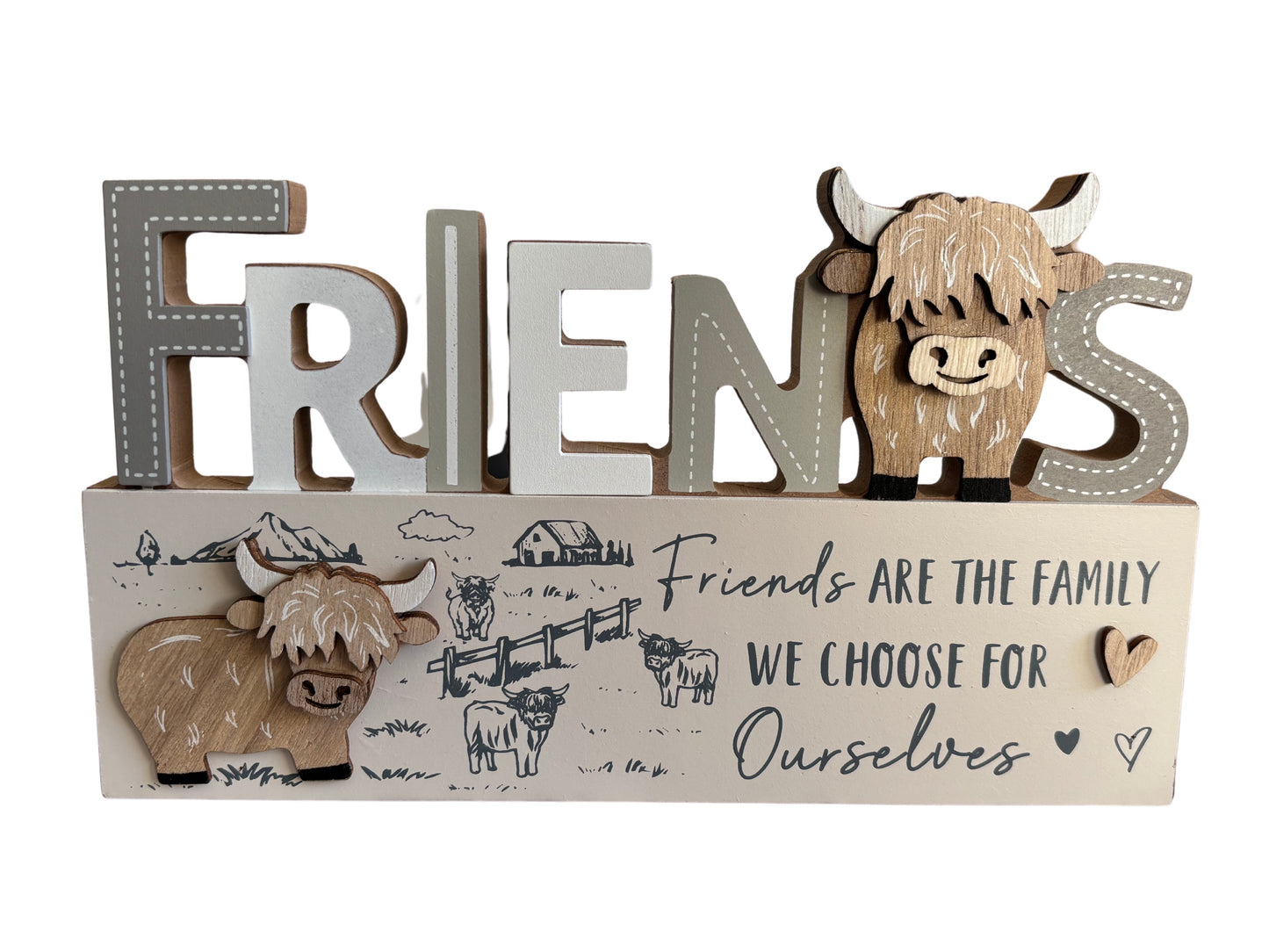 Highland Cow “Friends” Wooden Plaque – Country Style Freestanding Sign, 24 cm