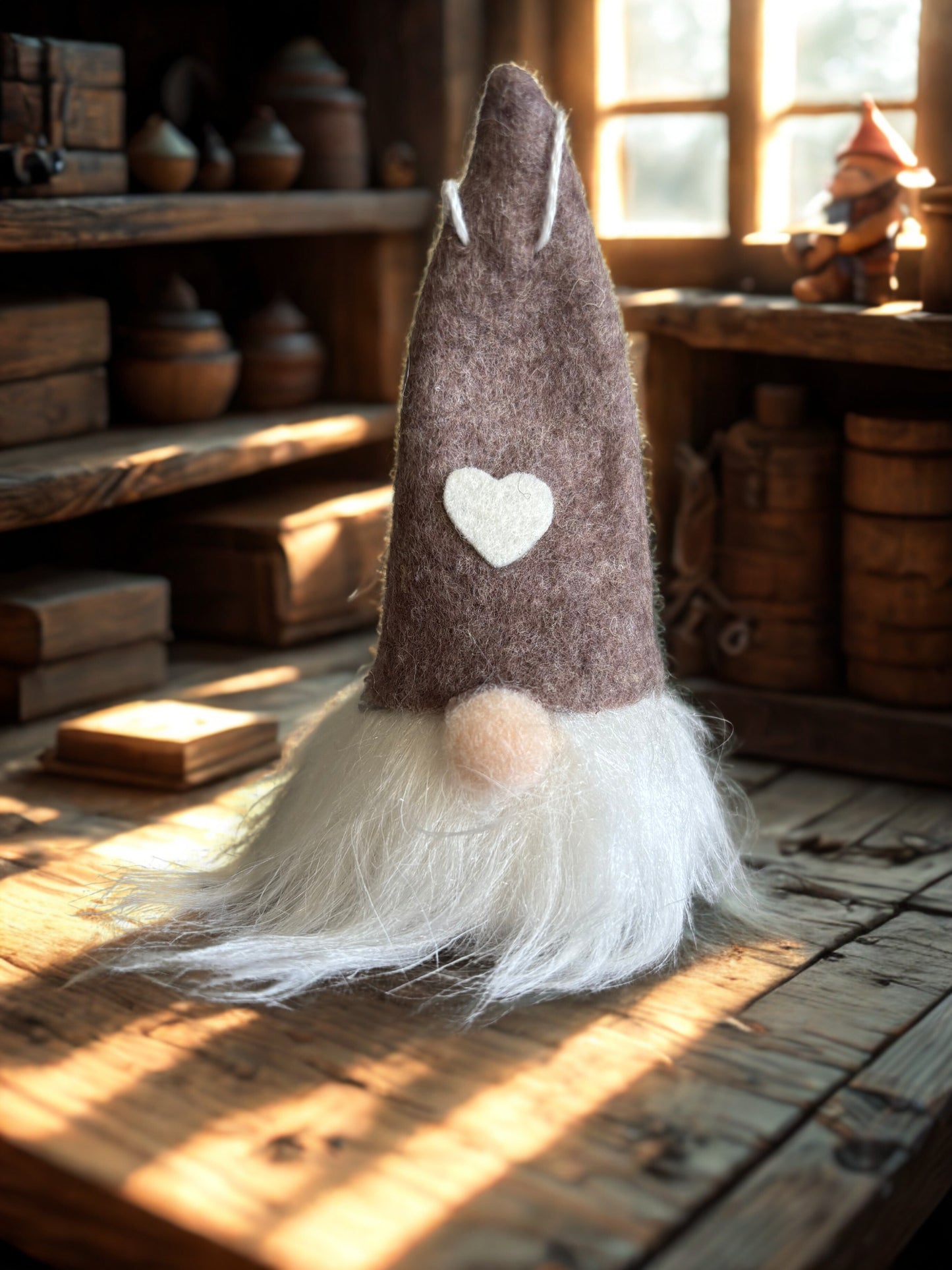 White / Brown Scandinavian Felt Gnome Decorations – Neutral Toned Nordic Christmas Ornaments, 10 cm