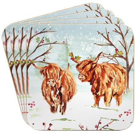 Highland Cow Coaster Set – Rustic Winter Countryside Design (Set of 4)