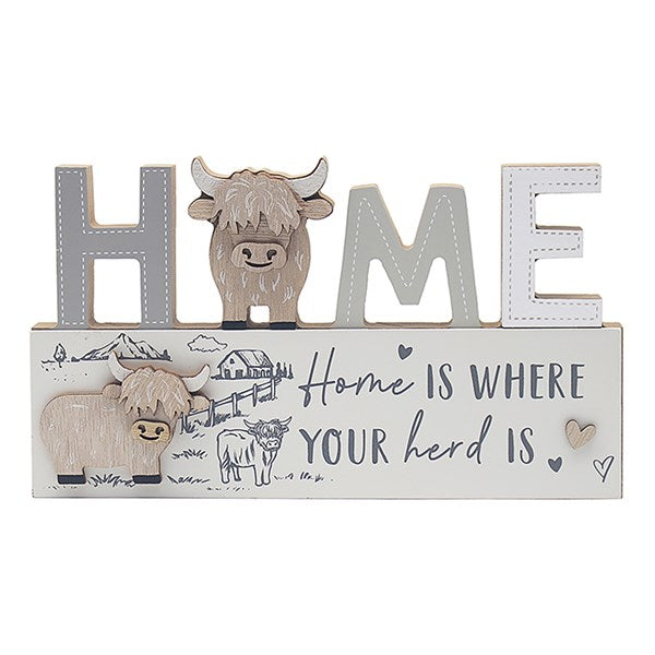 Highland Cow Word Plaque “Home” – Rustic Country Wall Decor