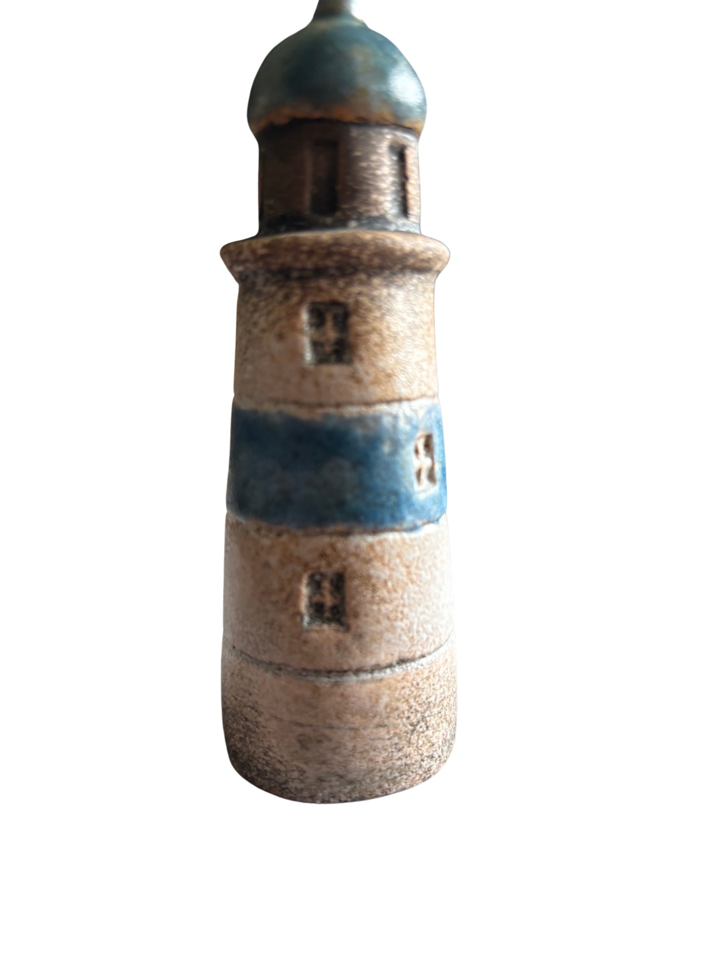 Rustic Ceramic Lighthouse Ornament – Coastal Blue & Beige Nautical Decor, 10.2 cm