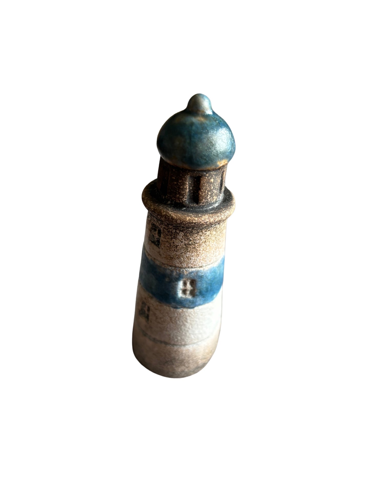 Rustic Ceramic Lighthouse Ornament – Coastal Blue & Beige Nautical Decor, 10.2 cm