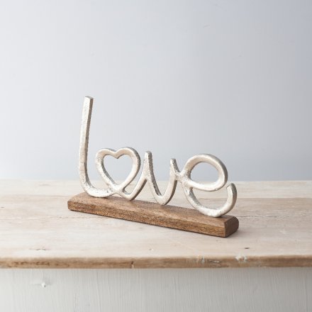 Rustic Aluminium "Love" Sign on Wooden Base – Heart Design, 30cm x 20cm