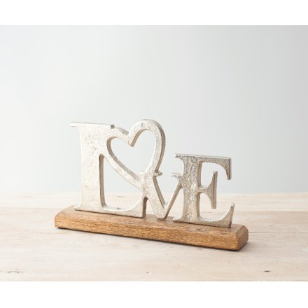 Rustic Aluminium LOVE Sign with Heart Design on Wooden Base – 30cm x 20cm