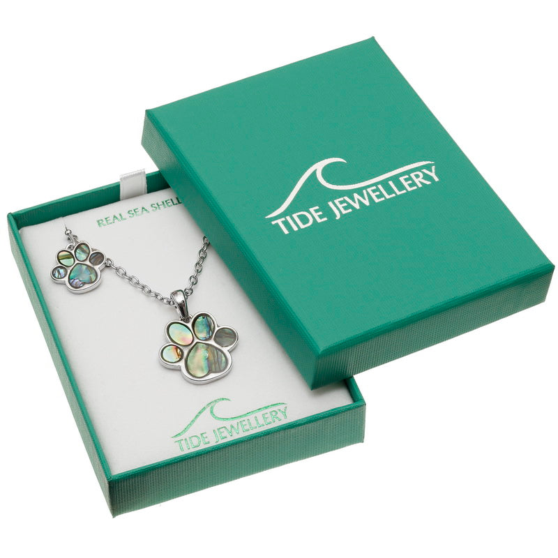 Paw Print Jewellery Set – Paua Shell Necklace & Earrings by Tide