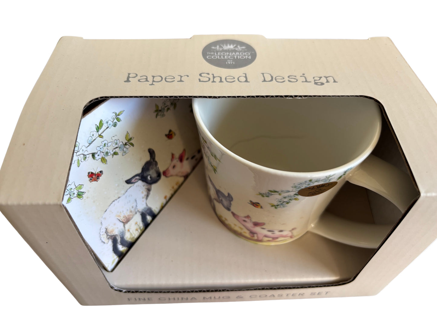 Farmyard Friends Fine China Mug & Coaster Set - Piglet & Lamb Illustration | The Leonardo Collection