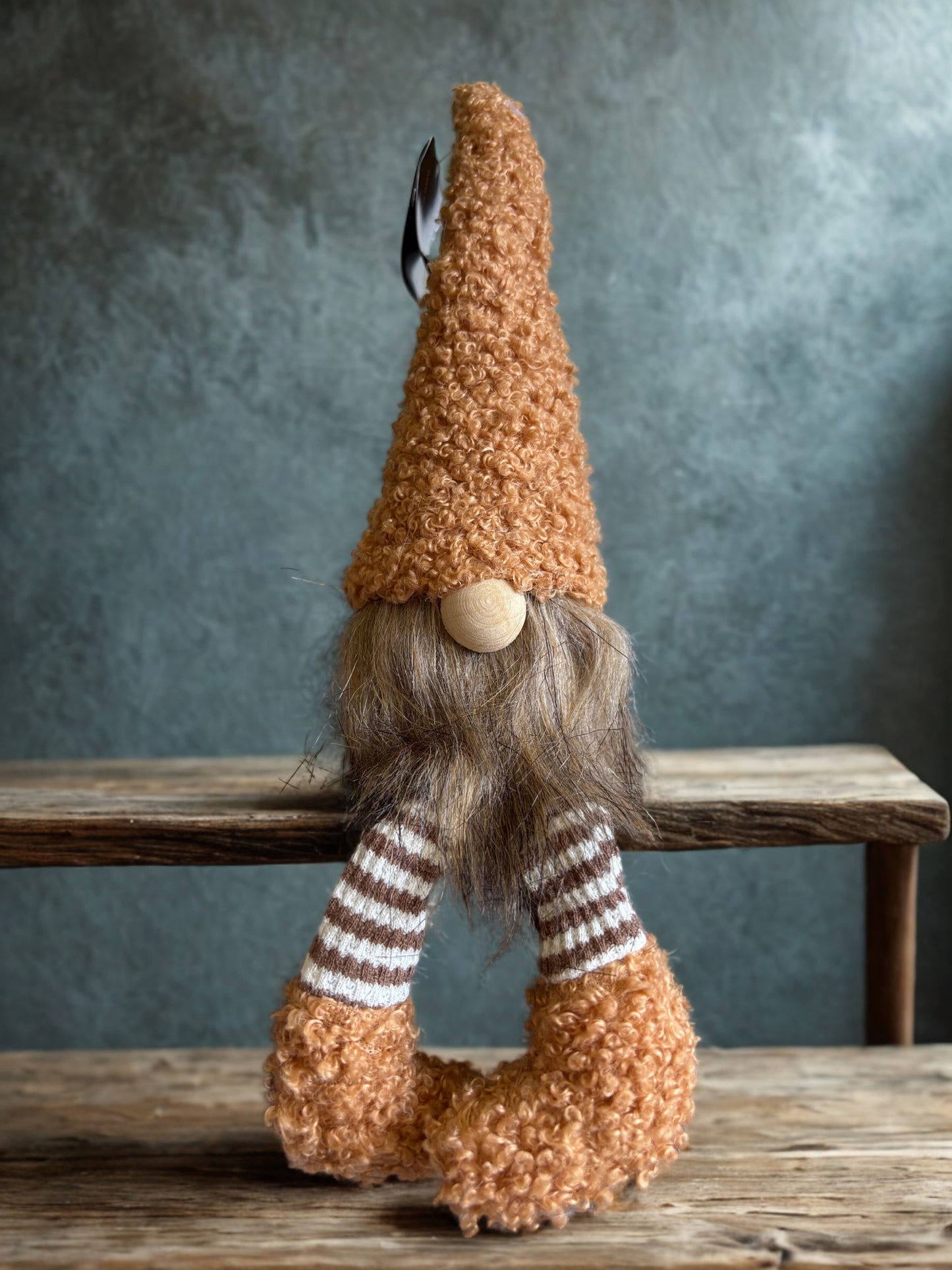 Toffee Sitting Gnome, Gonk with Curly Orange Hat – Nordic Style Shelf Decor, 28 cm
