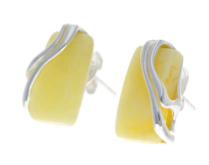 SilverAmber Jewellery - 925 Sterling Silver & Baltic Amber Modern Studs Earrings - GL005