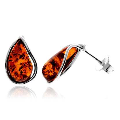 SilverAmber Jewellery - 925 Sterling Silver & Baltic Amber Modern Teardrop Studs Earrings - G029S
