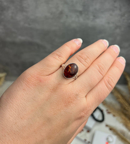 SilverAmber Jewellery - 925 Sterling Silver & Genuine Baltic Amber Classic Designer Ring - 7504