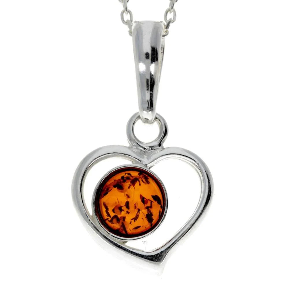 Sterling Silver Heart Baltic Amber Pendant – Genuine 925 Silver Necklace (Cognac or Green)