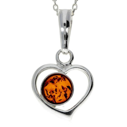 Sterling Silver Heart Baltic Amber Pendant – Genuine 925 Silver Necklace (Cognac or Green)