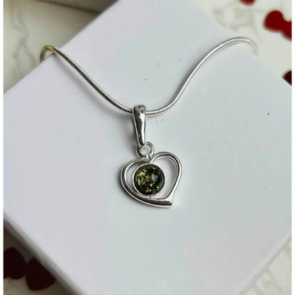 Sterling Silver Heart Baltic Amber Pendant – Genuine 925 Silver Necklace (Cognac or Green)
