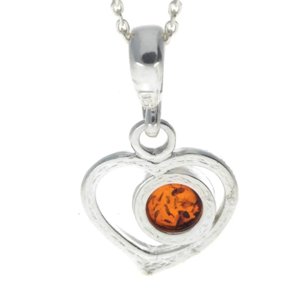 Sterling Silver Heart Baltic Amber Pendant – Genuine 925 Silver Necklace (Cognac or Green)