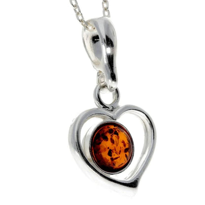 Sterling Silver Heart Baltic Amber Pendant – Genuine 925 Silver Necklace (Cognac or Green)