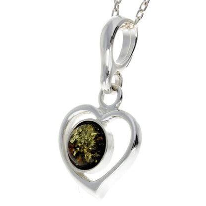 Sterling Silver Heart Baltic Amber Pendant – Genuine 925 Silver Necklace (Cognac or Green)