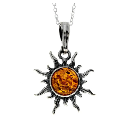 Sterling Silver Sun Pendant with Baltic Amber – Genuine 925 Silver Solar Necklace