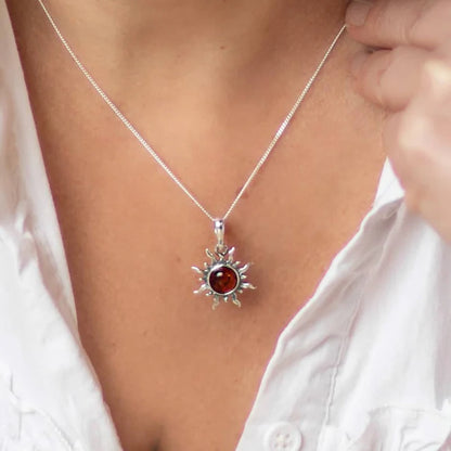 Sterling Silver Sun Pendant with Baltic Amber – Genuine 925 Silver Solar Necklace