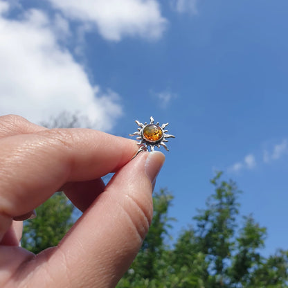 Sterling Silver Sun Pendant with Baltic Amber – Genuine 925 Silver Solar Necklace