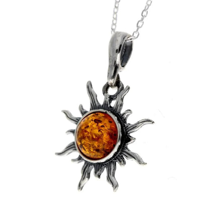 Sterling Silver Sun Pendant with Baltic Amber – Genuine 925 Silver Solar Necklace