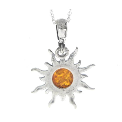 Sterling Silver Sun Pendant with Baltic Amber – Genuine 925 Silver Solar Necklace