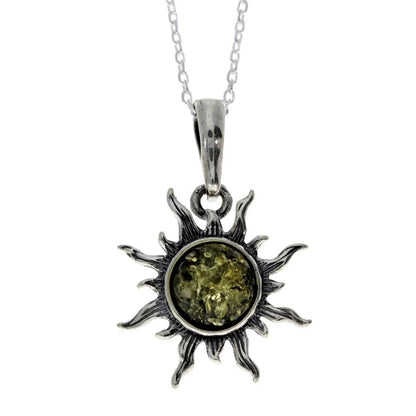 Sterling Silver Sun Pendant with Baltic Amber – Genuine 925 Silver Solar Necklace