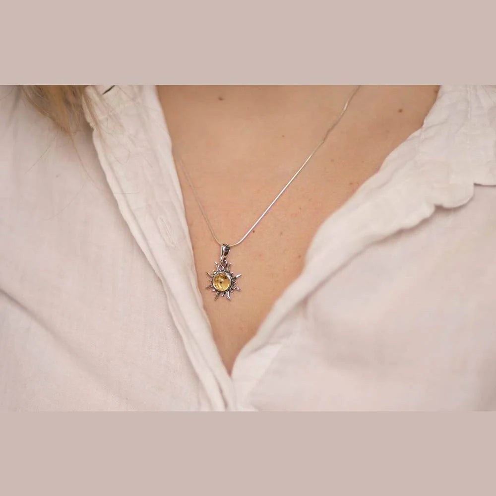 Sterling Silver Sun Pendant with Baltic Amber – Genuine 925 Silver Solar Necklace