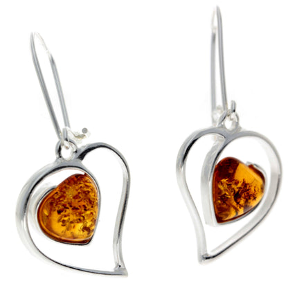 SilverAmber Jewellery - 925 Sterling Silver & Genuine Baltic Amber Large Hearts Earrings - GL127