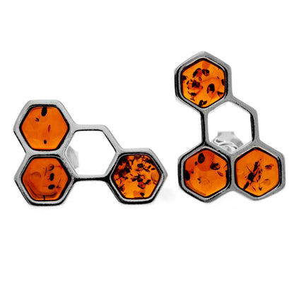 SilverAmber Jewellery - 925 Sterling Silver & Genuine Baltic Amber Honeycombs Studs Earrings - GL1018