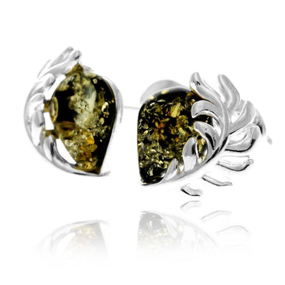 SilverAmber Jewellery - 925 Sterling Silver & Genuine Baltic Amber Contemporary Teardrop Leaf Studs Earrings - GL1054