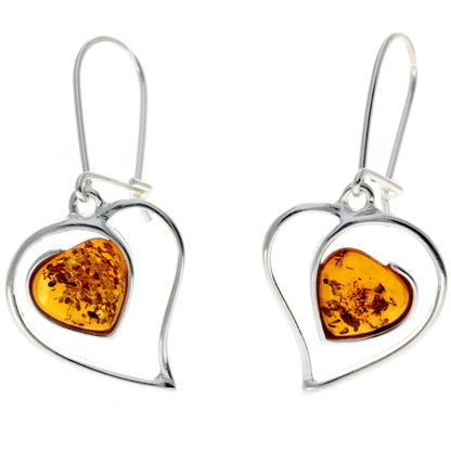 SilverAmber Jewellery - 925 Sterling Silver & Genuine Baltic Amber Large Hearts Earrings - GL127